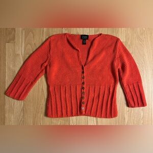 Pure Handknit Coral/Orange Button Front 3/4 Sleeve Cardigan Sweater, Size S/M
